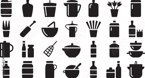 Black Kitchen Utensils and Cookware Icons on White Background