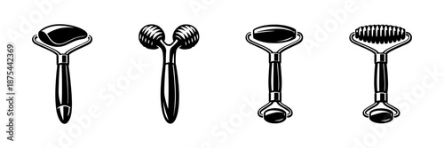 Facial roller vector icons set: beauty tools, massage rollers, skincare essentials