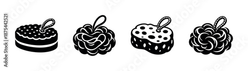 Bath accessories vector icons set: loofahs and sponges in black and white style