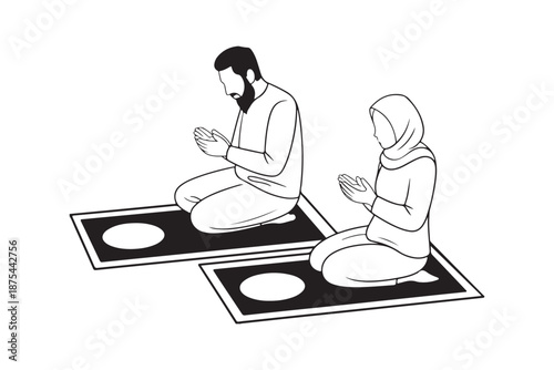 Muslim man and woman perform traditional prayer kneeling on mats during religious observance