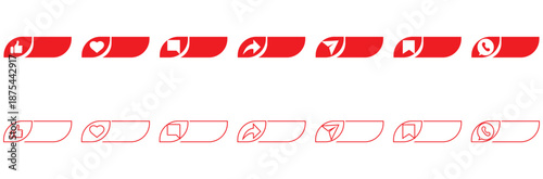 Social media interaction icons outline and solid. Set of social media interface icons showing like, comment, share, favorite, and send actions in outline and solid styles on white background.

