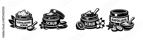 Exfoliating scrub vector icons set: skincare, beauty, spa, cosmetic container designs
