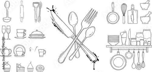 Collection of detailed line art illustrations depicting various kitchen utensils dining accessories glassware baking items and cooking tools arranged neatly