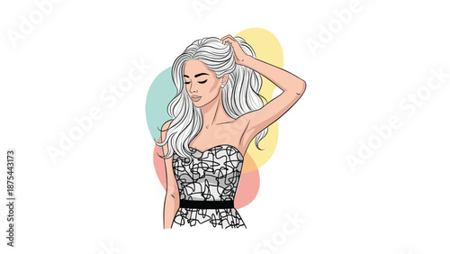 Fashion illustration of a beautiful young woman with long white hair touching her hair, set against a background of soft pastels.