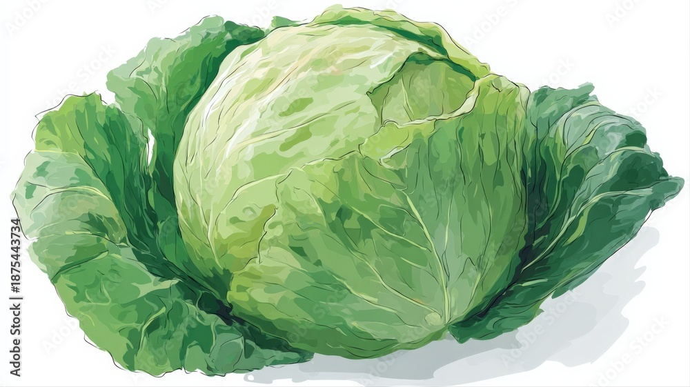 Obraz premium Fresh Green Cabbage Head Close-Up Illustrative Style, Representing Healthy Eating and Natural Food Illustration