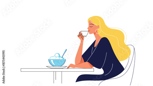 Minimalist illustration of a relaxed blonde woman with long hair sitting at a table, enjoying a cup of coffee in a peaceful moment.