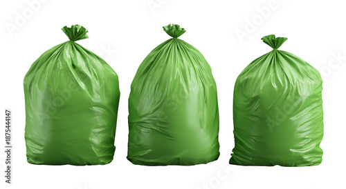 Three green, tied-up trash bags, isolated on a black background