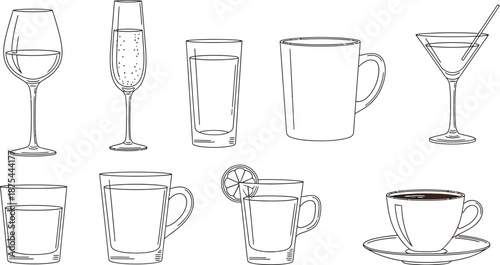 Collection of various outline beverage containers including wine glasses champagne flutes tall highball glasses mugs and coffee cups for drink illustrations