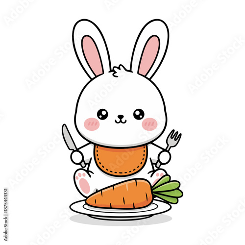 Slika na platnu Cute Cartoon Bunny Holding Cutlery Ready to Eat Carrot Illustration