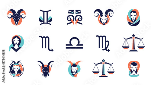 A collection of fifteen colorful zodiac sign icons and symbols, including Aries, Virgo, Libra, and Capricorn for horoscope designs.