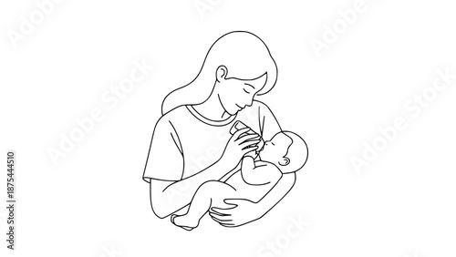 Flat vector illustration of a parent feeding a baby with a bottle, tender moment, clean lines, soft shapes, minimal style
