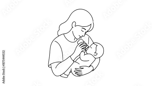 Flat vector illustration of a parent feeding a baby with a bottle, tender moment, clean lines, soft shapes, minimal style