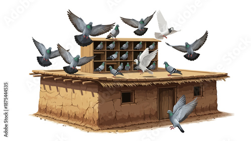 Pigeons flying around and landing on a rustic pigeon loft