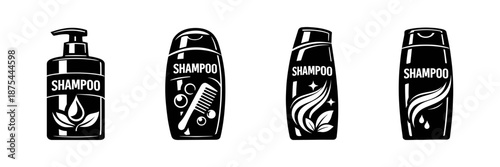 Shampoo bottles vector icons set: haircare, hygiene, beauty essentials symbols