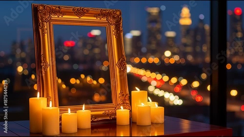 Golden frame and candles illuminated with city lights background