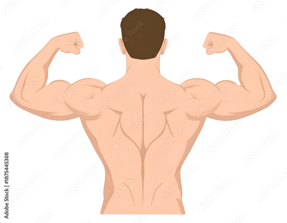 Fototapeta premium Muscular man from back view, flexing biceps, tan skin and brown hair, white backdrop