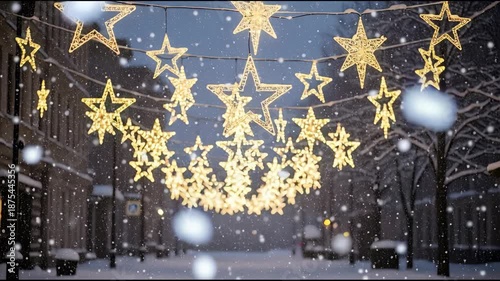 Golden star decorations illuminate winter streetscape with falling snow