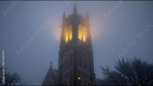 Gothic revival tower silhouetted in evening fog with illuminated windows