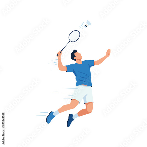 Badminton Player Smash Action Vector, Flat Sports Illustration on White