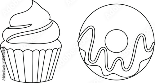 Simple black and white line art illustration featuring a frosted cupcake next to a glazed donut design perfect for coloring pages.