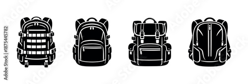 Backpack vector icons set for outdoor adventure and travel gear essentials