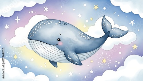 Watercolor illustration of a cute whale floating among clouds and stars