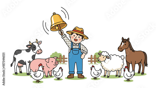 Happy farmer ringing bell surrounded by farm animals on green pasture