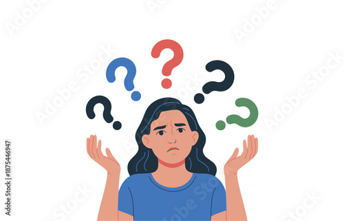 Confused young woman looking upward surrounded by question marks, expressing uncertainty, doubt, decision making struggle, problem solving concept illustration.
