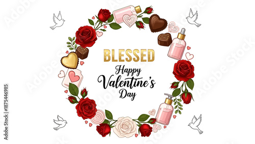 Blessed Happy Valentine's Day wreath with roses and chocolates