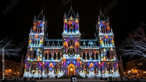 Illuminated building facade at night with vibrant projected display