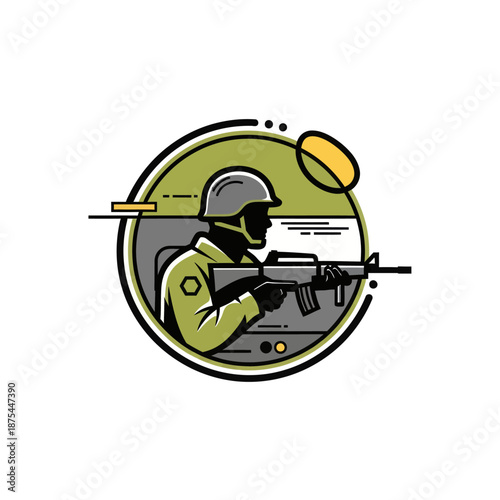 Soldier with Rifle Icon - Military Combat Silhouette in Circle