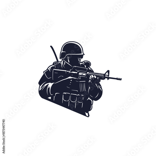 Silhouette Soldier Holding Assault Rifle, Military Combat Ready