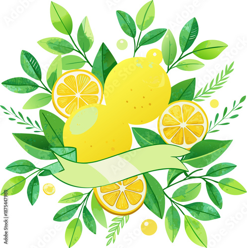 banner illustration a lot of lemons and green leaves, watercolor picture on a white background. Detox and refreshing concept.