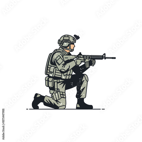 Kneeling Soldier with Rifle, Military Combat Gear, Tactical Action