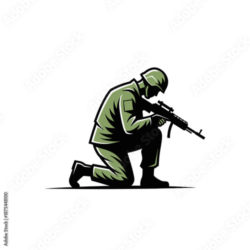 Soldier Kneeling with Assault Rifle, Military Combat Silhouette