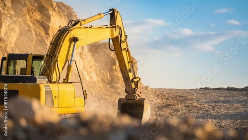Yellow excavator working in a dusty quarry during day. Heavy construction equipment for digging and moving earth in mining industry