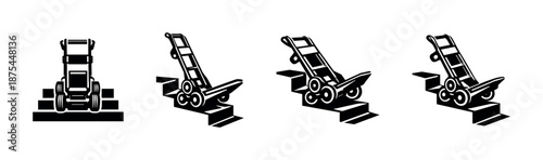 Stair climbing dolly vector icons set: hand truck, moving cart symbols