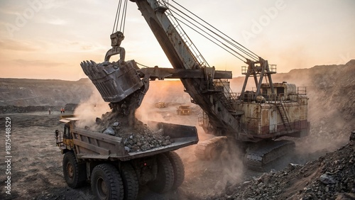 Massive mining shovel loading rocks into a large dump truck at sunset. Industrial quarry work for construction and resource extraction