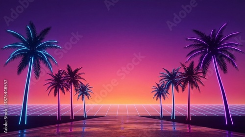 Neon palm trees with vivid synthwave gradient sky. Retro aesthetic design background for electronic music event promotion