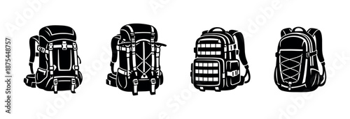 Hiking backpacks vector icons set for outdoor adventures and travel essentials