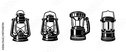 Vintage lanterns vector icons set: retro, classic, oil lamp silhouettes