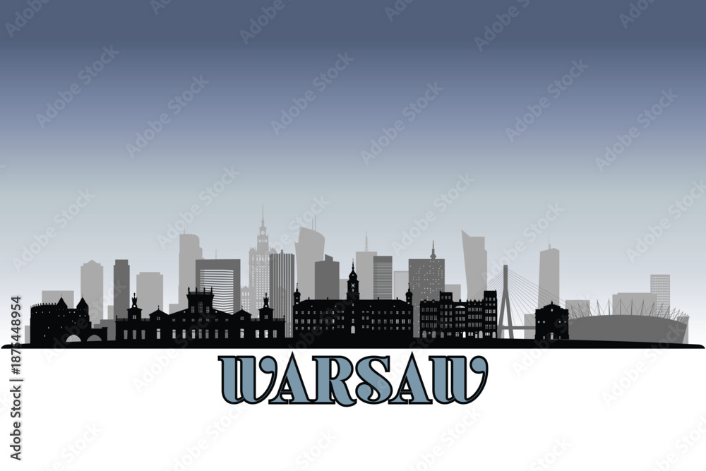 Fototapeta premium Global city Warsaw shown in a detailed vector skyline with grey rainy sky