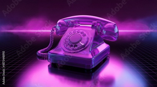 Transparent purple rotary telephone on dark grid surface. Retrowave concept with glowing neon light for nostalgic design