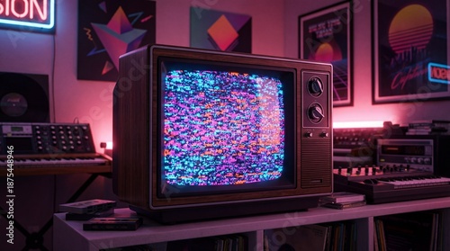 Retro television displaying static noise from bad signal. Nostalgic 80s aesthetics. Retrowave concept and vintage media equipment