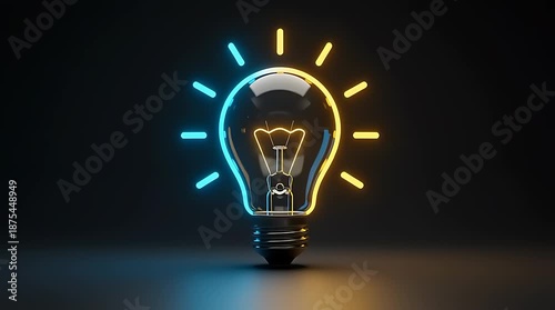 Blue and yellow neon light bulb pulses on dark background.