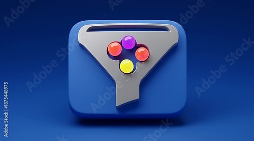 Blue 3D app icon funnel with colorful buttons animation loop.