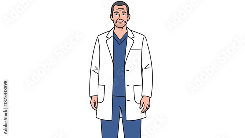 Male Doctor in White Coat and Scrubs Standing Against White Background