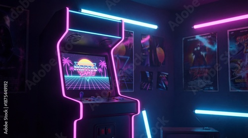 Vintage arcade machine with retro game interface and neon lights. Retrowave gaming concept for nostalgia and entertainment