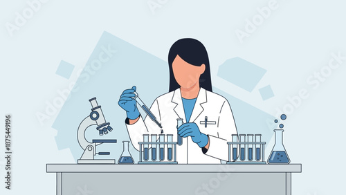 Scientist in Lab Coat Pipetting Liquid into Test Tube with Microscope and Beakers