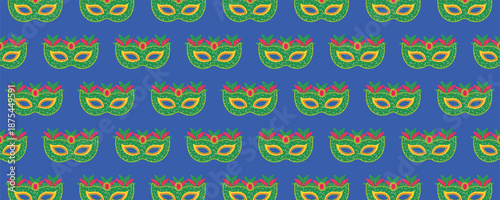 Carnival festival seamless pattern with carnival mask and feathers on blue background, Brazilian carnival, Mardi Gras